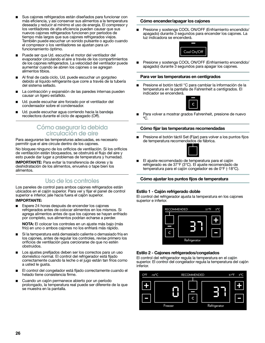 Jenn-Air W10310149A manual Cómo asegurar la debida Circulación de aire, Uso de los controles 