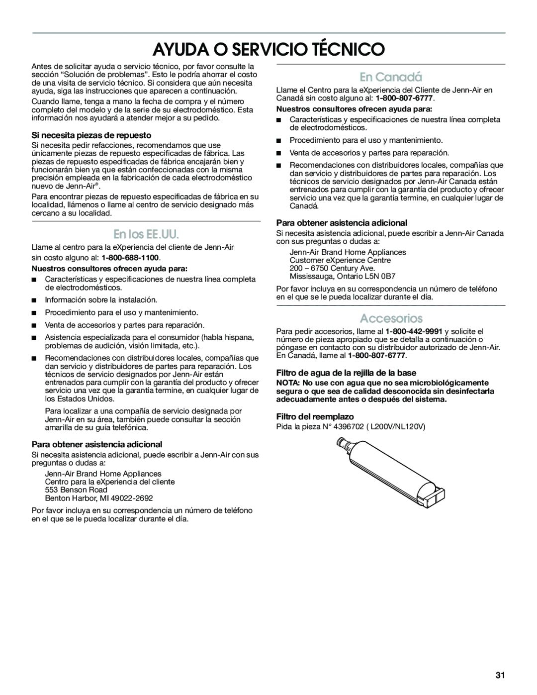 Jenn-Air W10310149A manual Ayuda O Servicio Técnico, En los EE.UU, En Canadá, Accesorios 