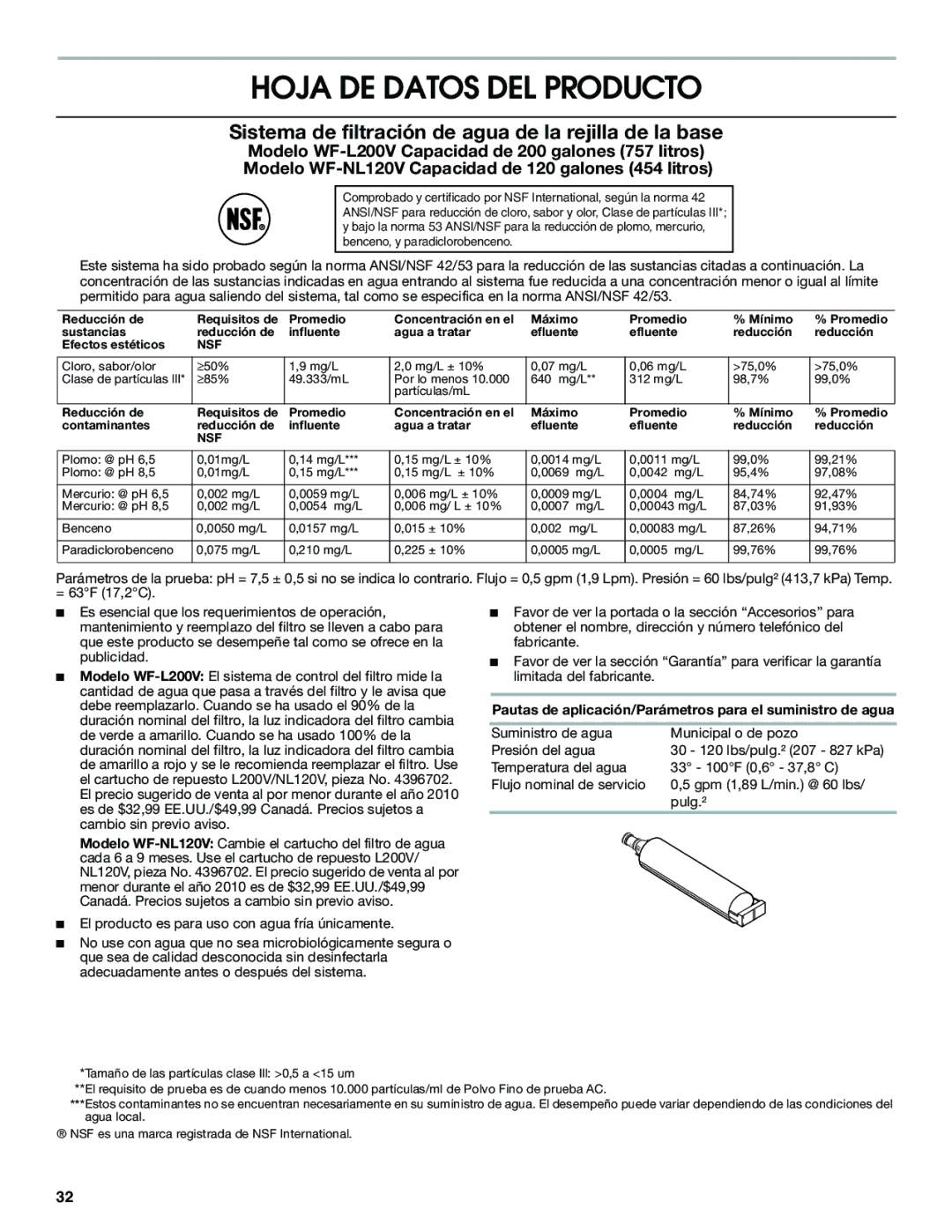 Jenn-Air W10310149A manual Hoja DE Datos DEL Producto, Pautas de aplicación/Parámetros para el suministro de agua 