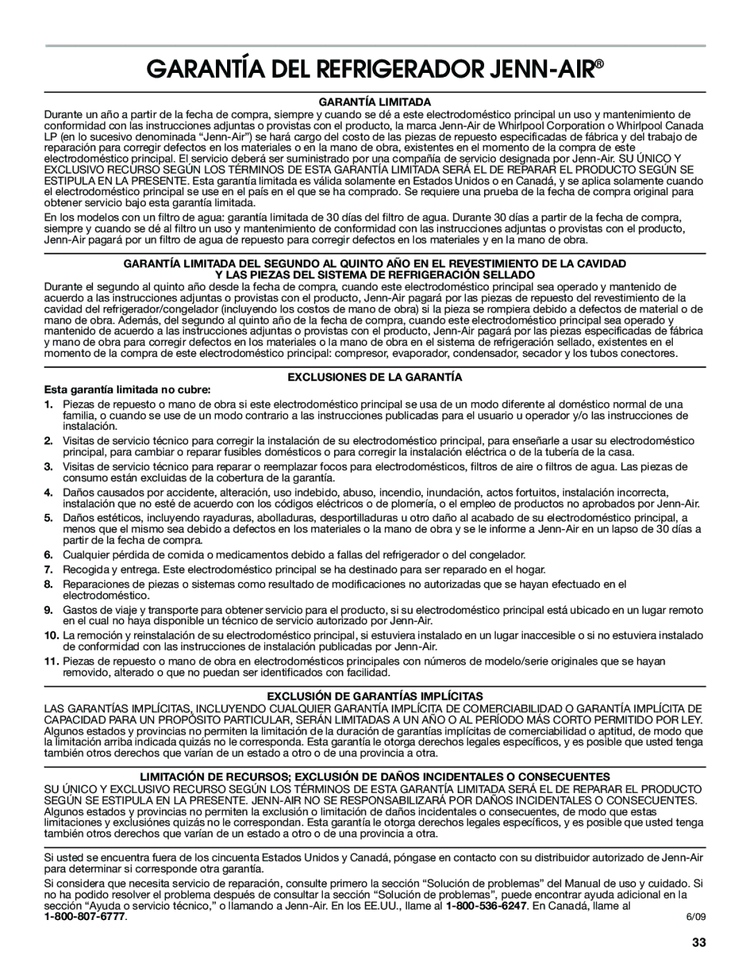 Jenn-Air W10310149A manual Garantía DEL Refrigerador JENN-AIR, Garantía Limitada, Exclusiones DE LA Garantía 