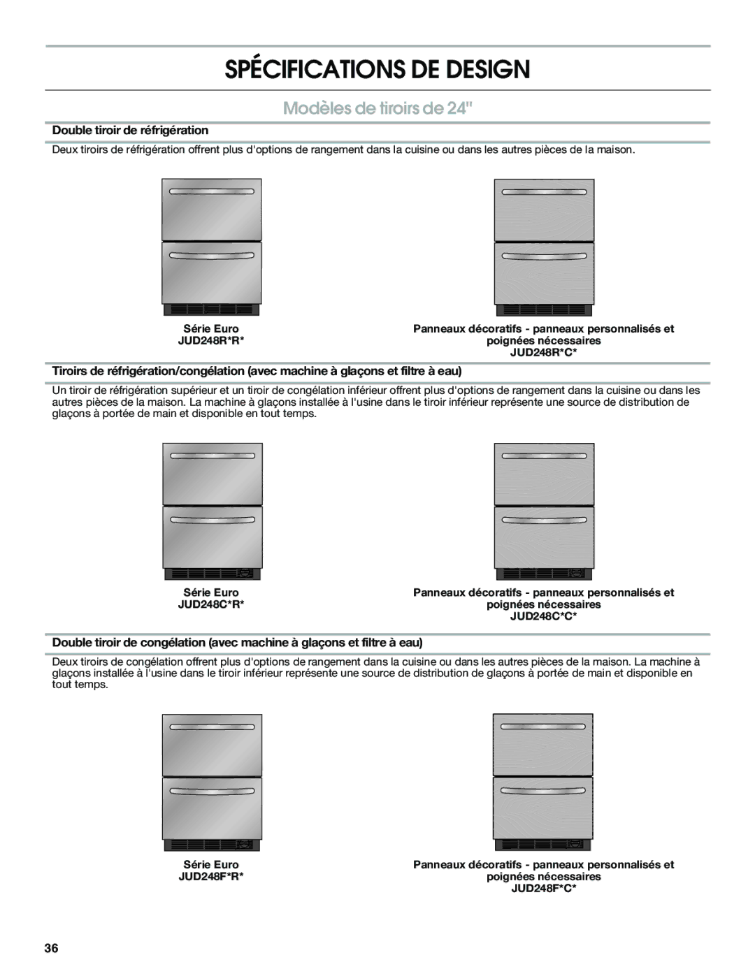 Jenn-Air W10310149A manual Spécifications DE Design, Modèles de tiroirs de, Double tiroir de réfrigération 