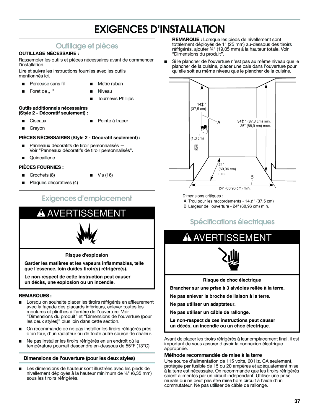 Jenn-Air W10310149A Exigences D’INSTALLATION, Outillage et pièces, Exigences d’emplacement, Spécifications électriques 