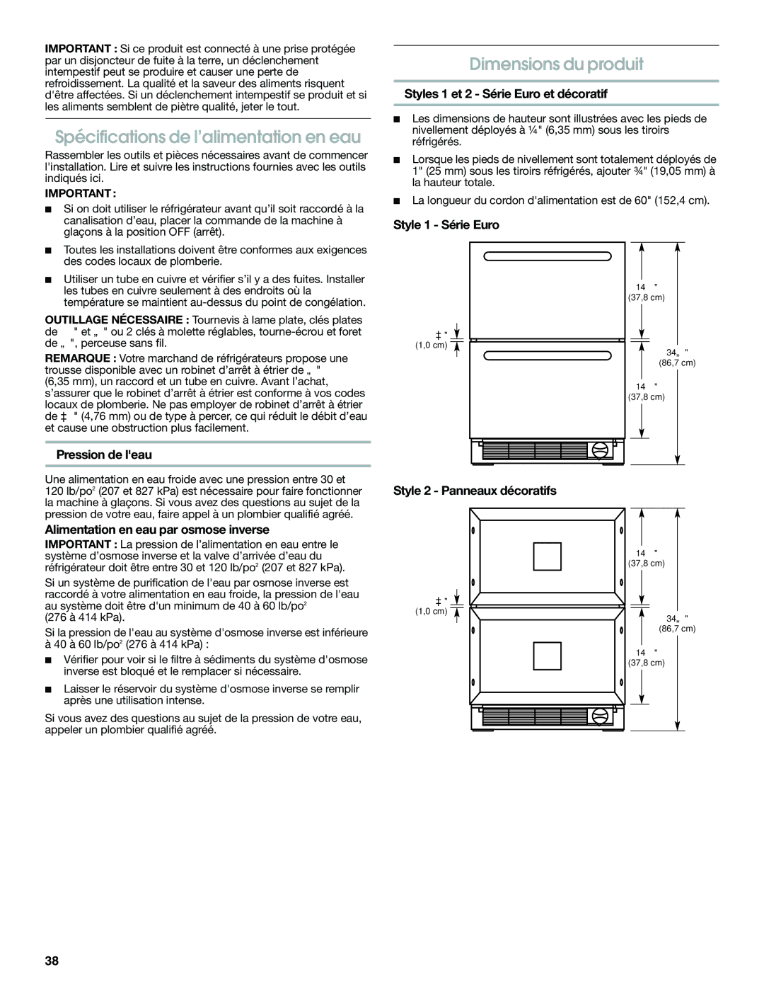 Jenn-Air W10310149A manual Spécifications de l’alimentation en eau, Dimensions du produit 