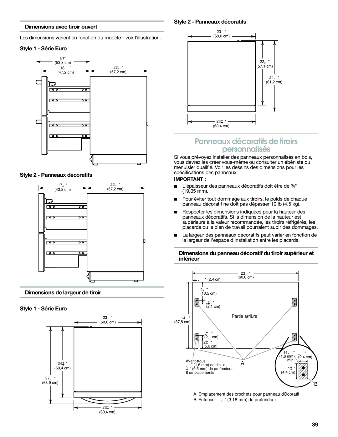 Jenn-Air W10310149A manual Panneaux décoratifs de tiroirs Personnalisés, Dimensions avec tiroir ouvert 