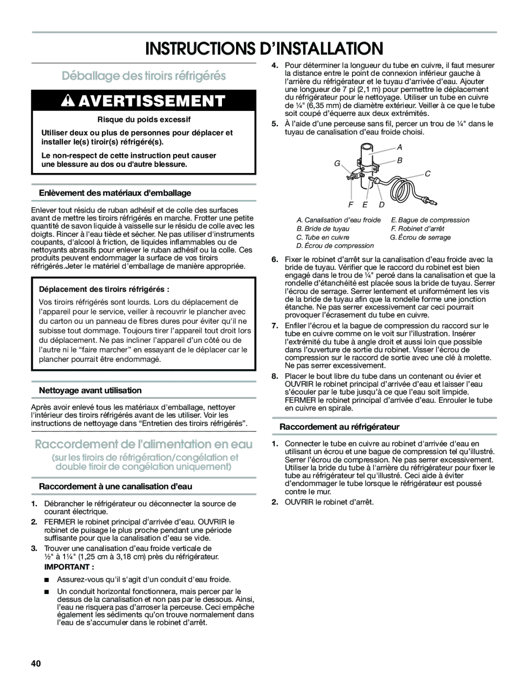 Jenn-Air W10310149A Instructions D’INSTALLATION, Déballage des tiroirs réfrigérés, Raccordement de lalimentation en eau 