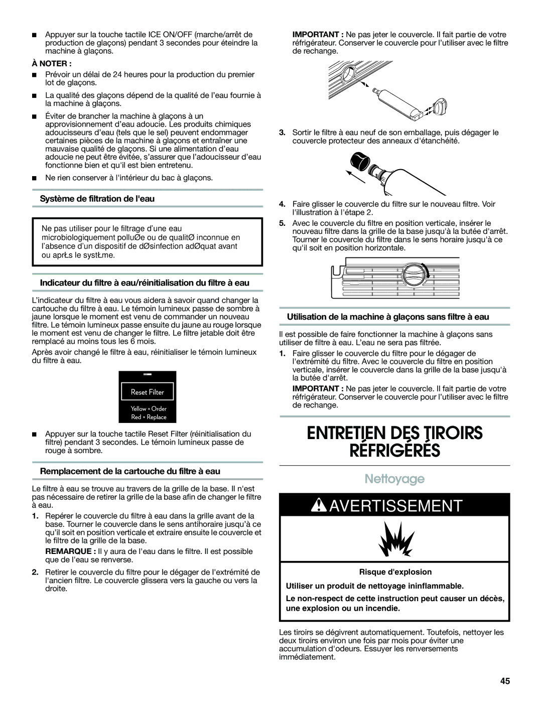 Jenn-Air W10310149A manual Entretien DES Tiroirs Réfrigérés, Nettoyage 