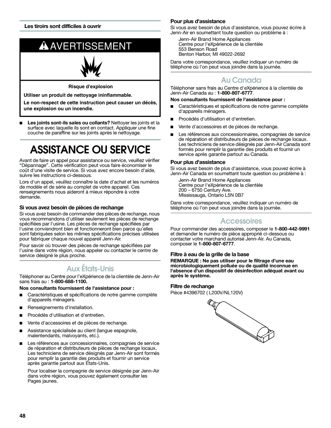 Jenn-Air W10310149A manual Assistance OU Service, Aux États-Unis, Au Canada, Accessoires 