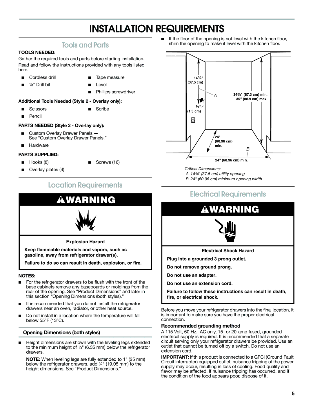 Jenn-Air W10310149A manual Installation Requirements, Tools and Parts, Location Requirements, Electrical Requirements 