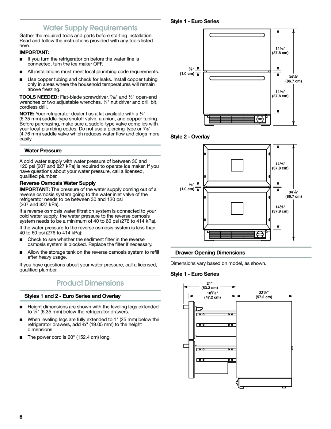 Jenn-Air W10310149A manual Water Supply Requirements, Product Dimensions 