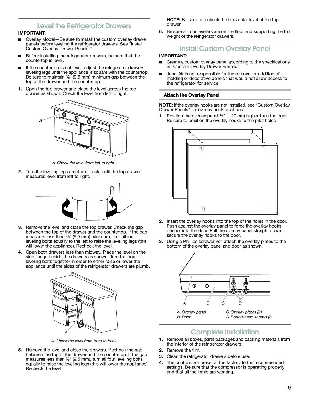 Jenn-Air W10310149A manual Level the Refrigerator Drawers, Install Custom Overlay Panel, Complete Installation 