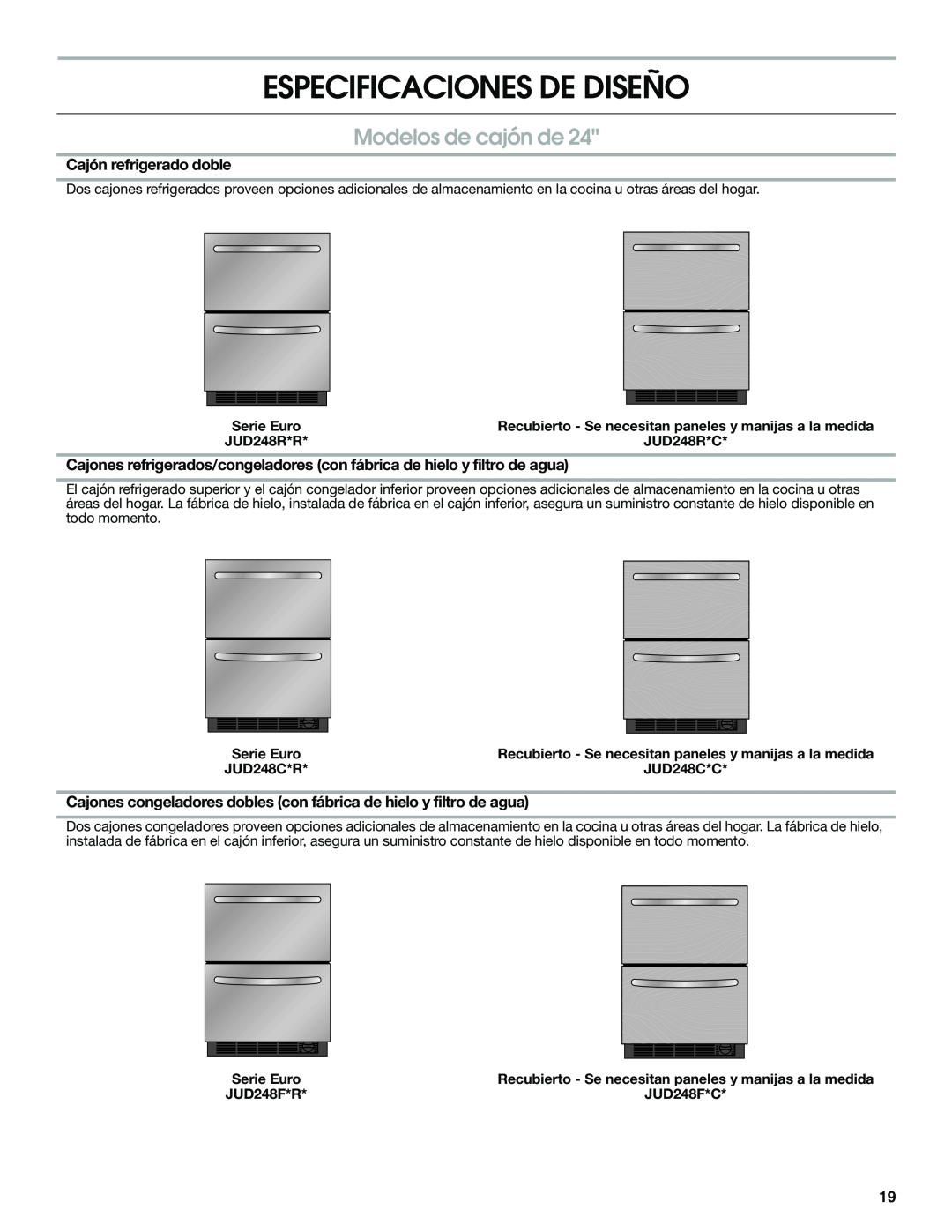 Jenn-Air W10310149A manual Especificaciones De Diseño, Modelos de cajón de, Cajón refrigerado doble 