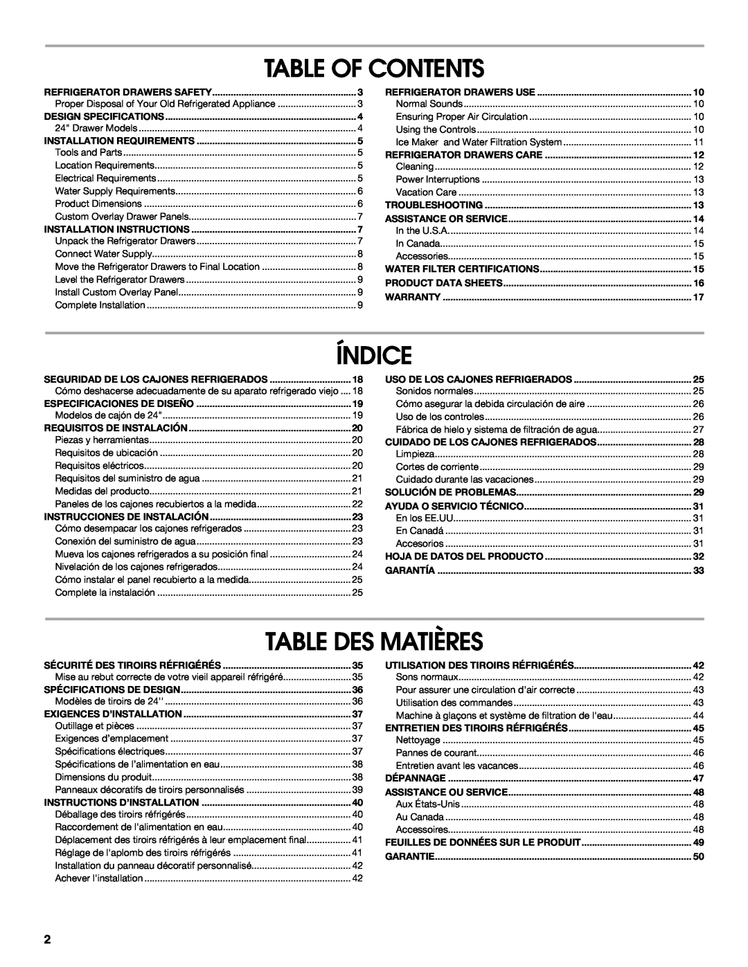 Jenn-Air W10310149A manual Table Of Contents, Índice, Table Des Matières 