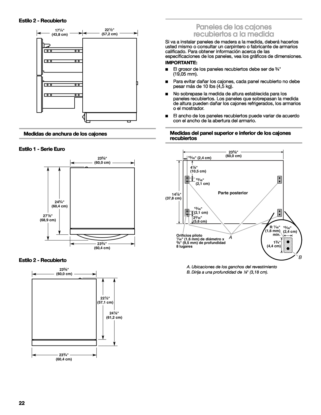 Jenn-Air W10310149A manual Paneles de los cajones recubiertos a la medida, Medidas de anchura de los cajones, Importante 
