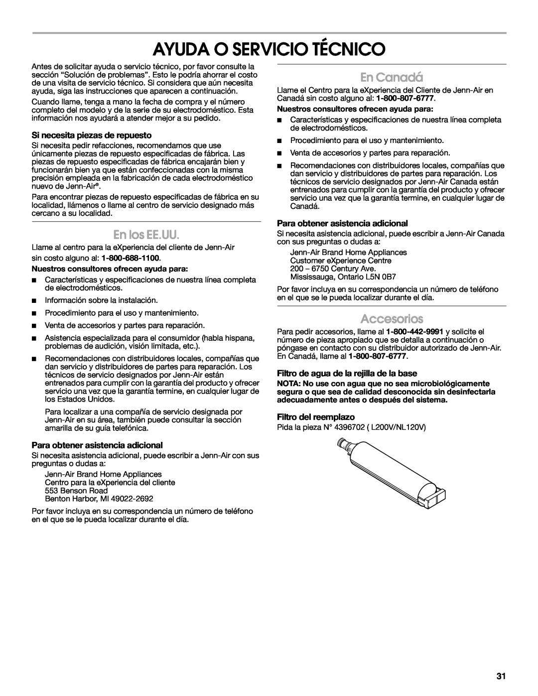 Jenn-Air W10310149A manual Ayuda O Servicio Técnico, En los EE.UU, En Canadá, Accesorios, Si necesita piezas de repuesto 