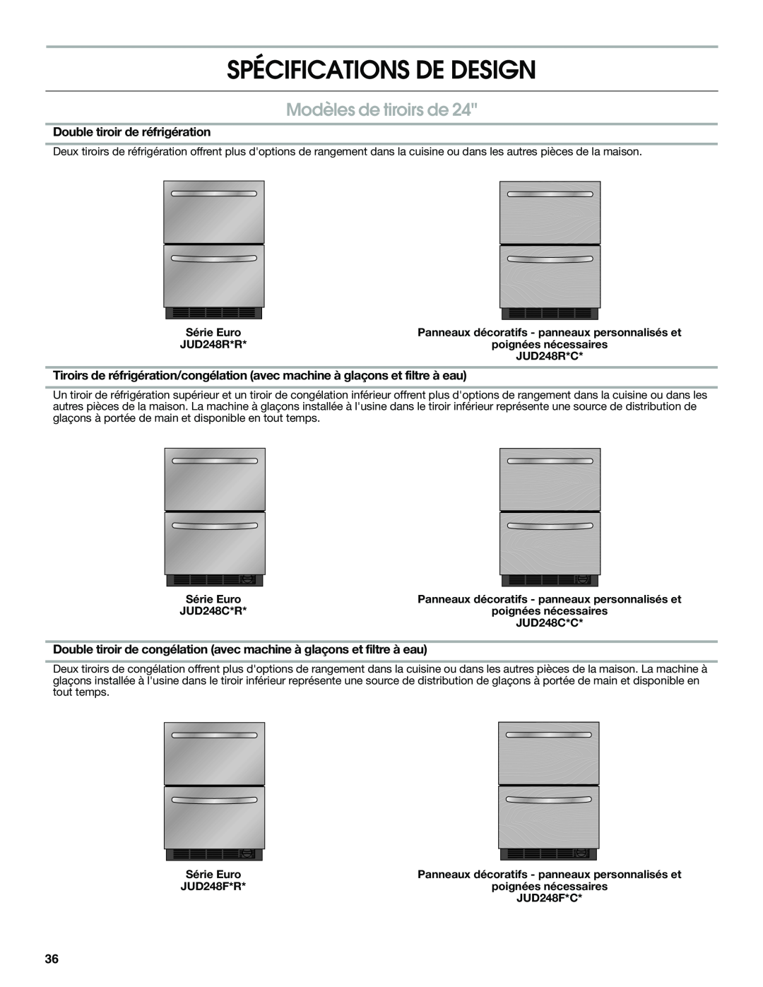 Jenn-Air W10310149A manual Spécifications De Design, Modèles de tiroirs de, Double tiroir de réfrigération 