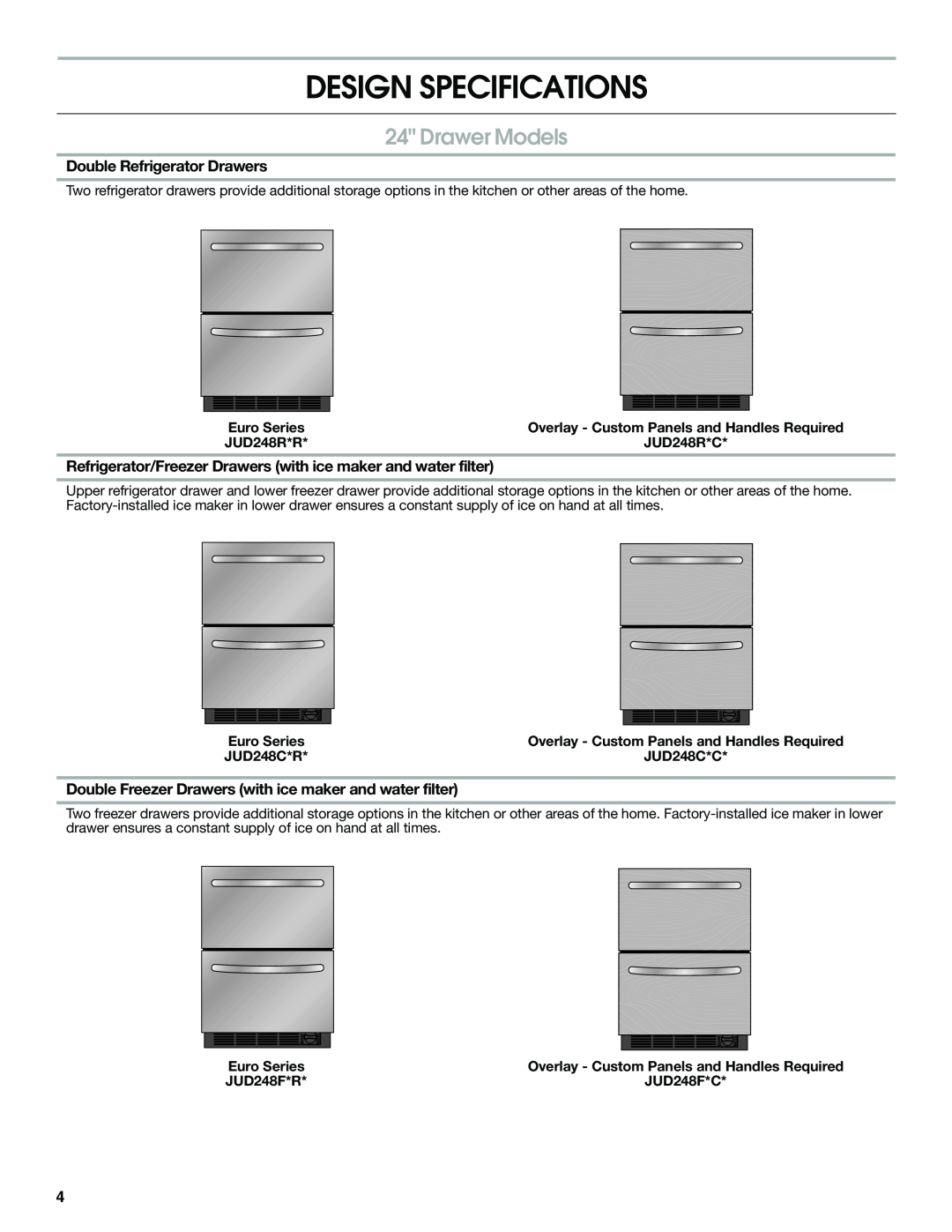 Jenn-Air W10310149A manual Design Specifications, Drawer Models, Double Refrigerator Drawers 