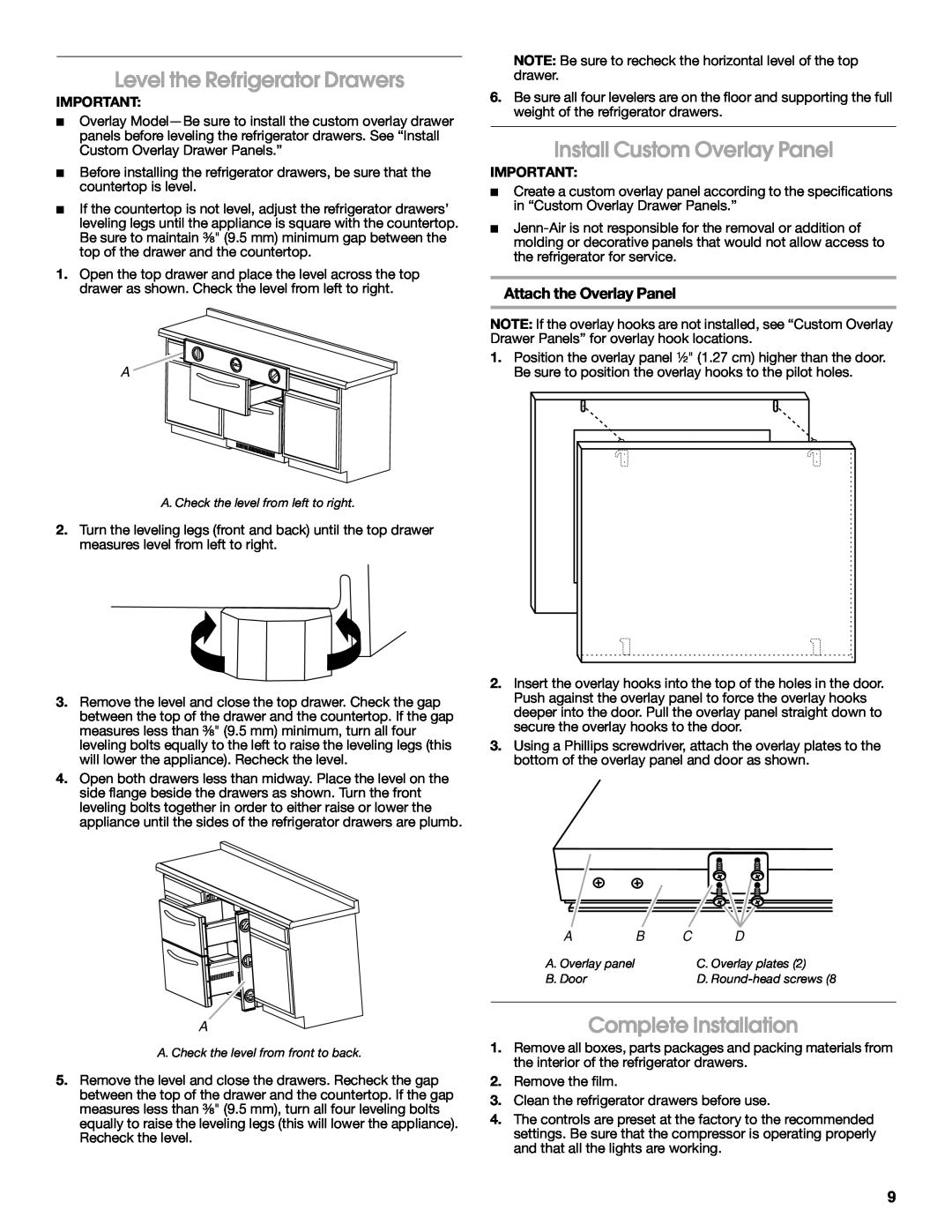 Jenn-Air W10310149A manual Level the Refrigerator Drawers, Install Custom Overlay Panel, Complete Installation 