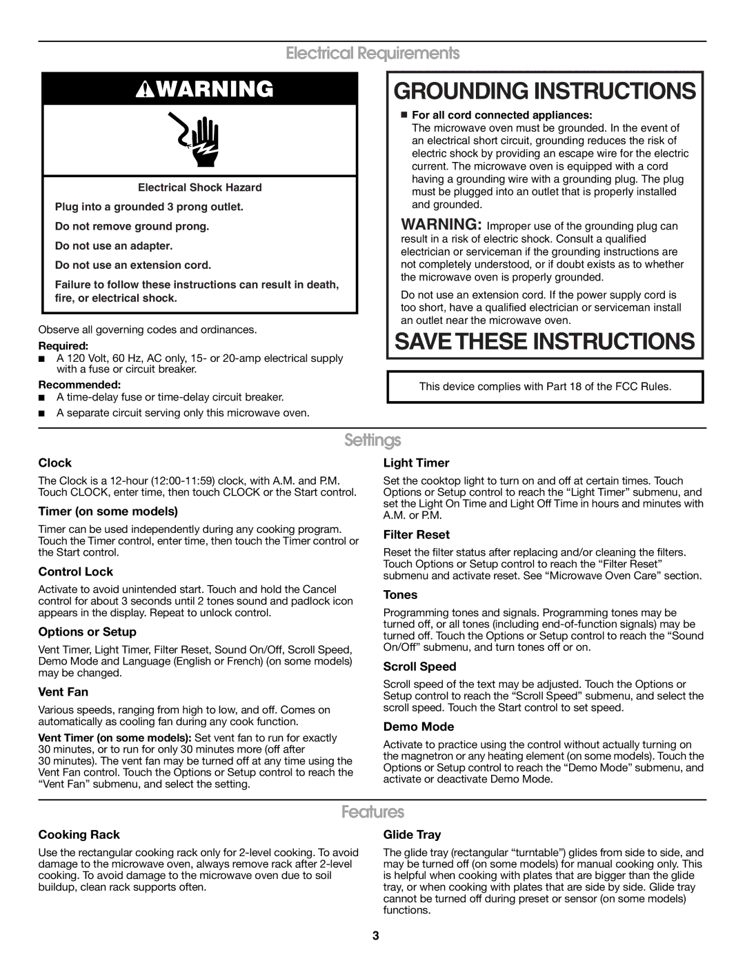 Jenn-Air W10318717A important safety instructions Grounding Instructions, Electrical Requirements, Settings, Features 