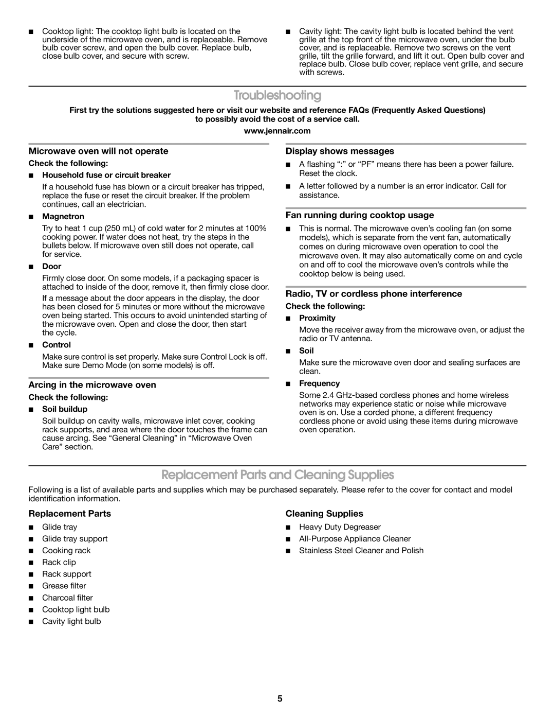 Jenn-Air W10318717A important safety instructions Troubleshooting, Replacement Parts and Cleaning Supplies 