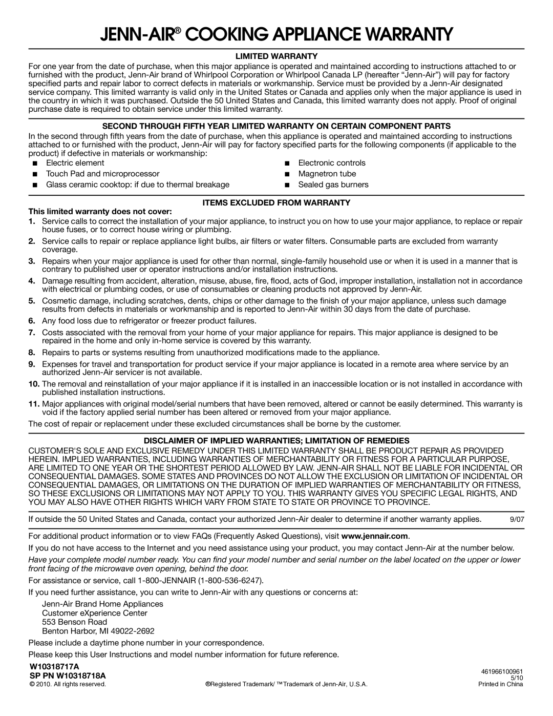 Jenn-Air W10318717A important safety instructions This limited warranty does not cover, SP PN W10318718A 