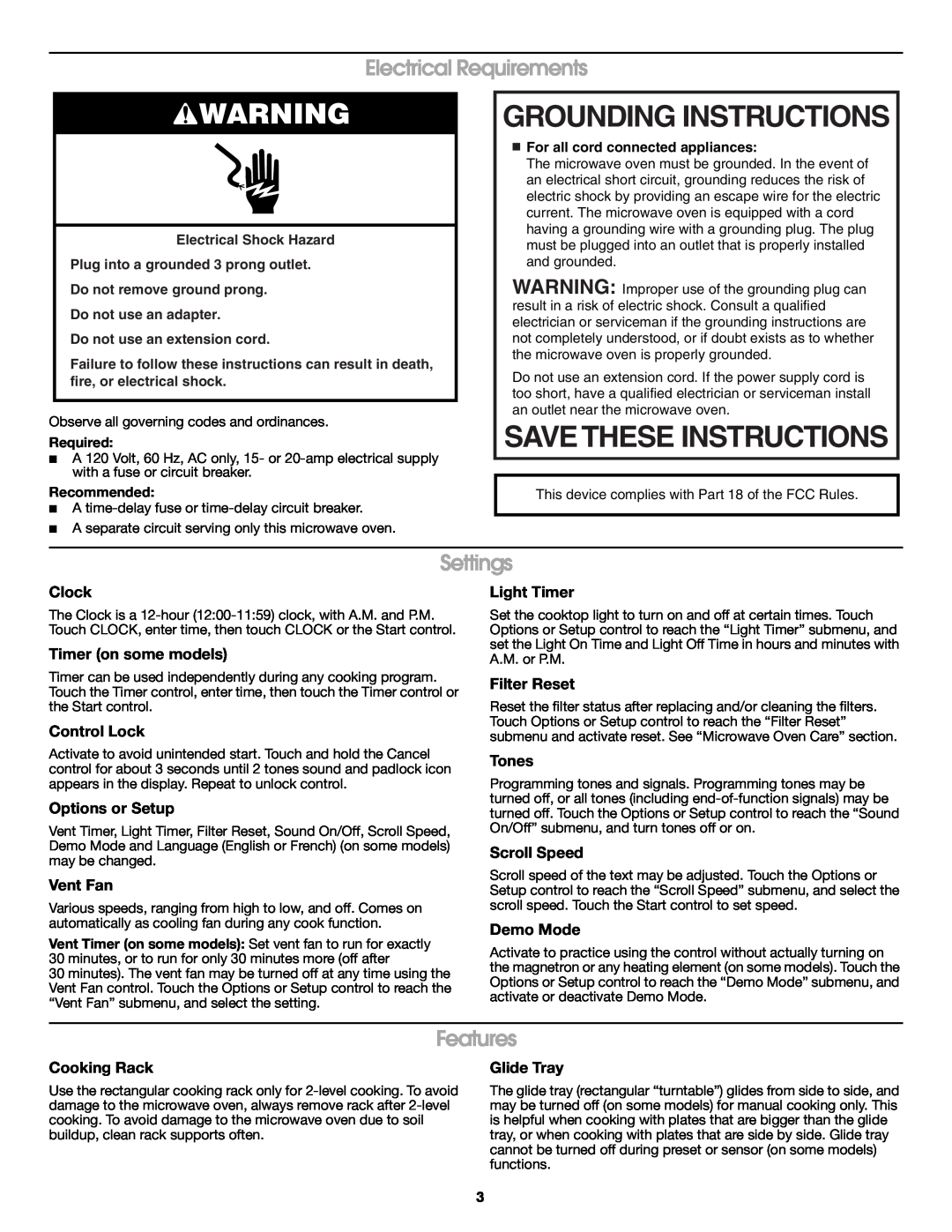 Jenn-Air W10318717A Grounding Instructions, Electrical Requirements, Settings, Features, Clock, Timer on some models 