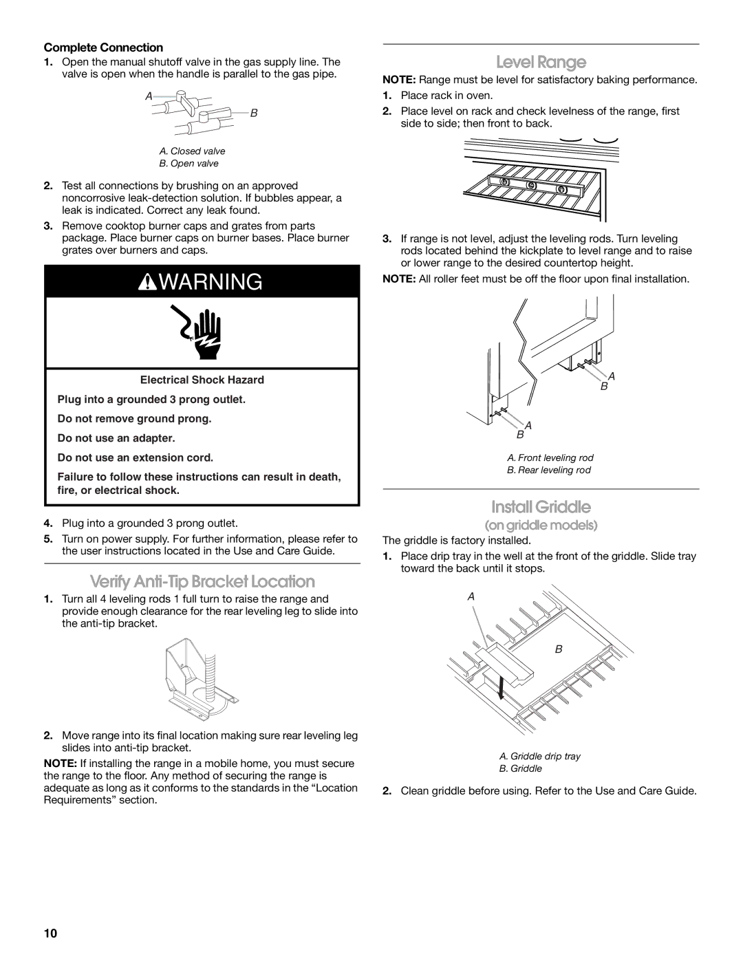 Jenn-Air W10323791 Verify Anti-Tip Bracket Location, Level Range, Install Griddle, Complete Connection 