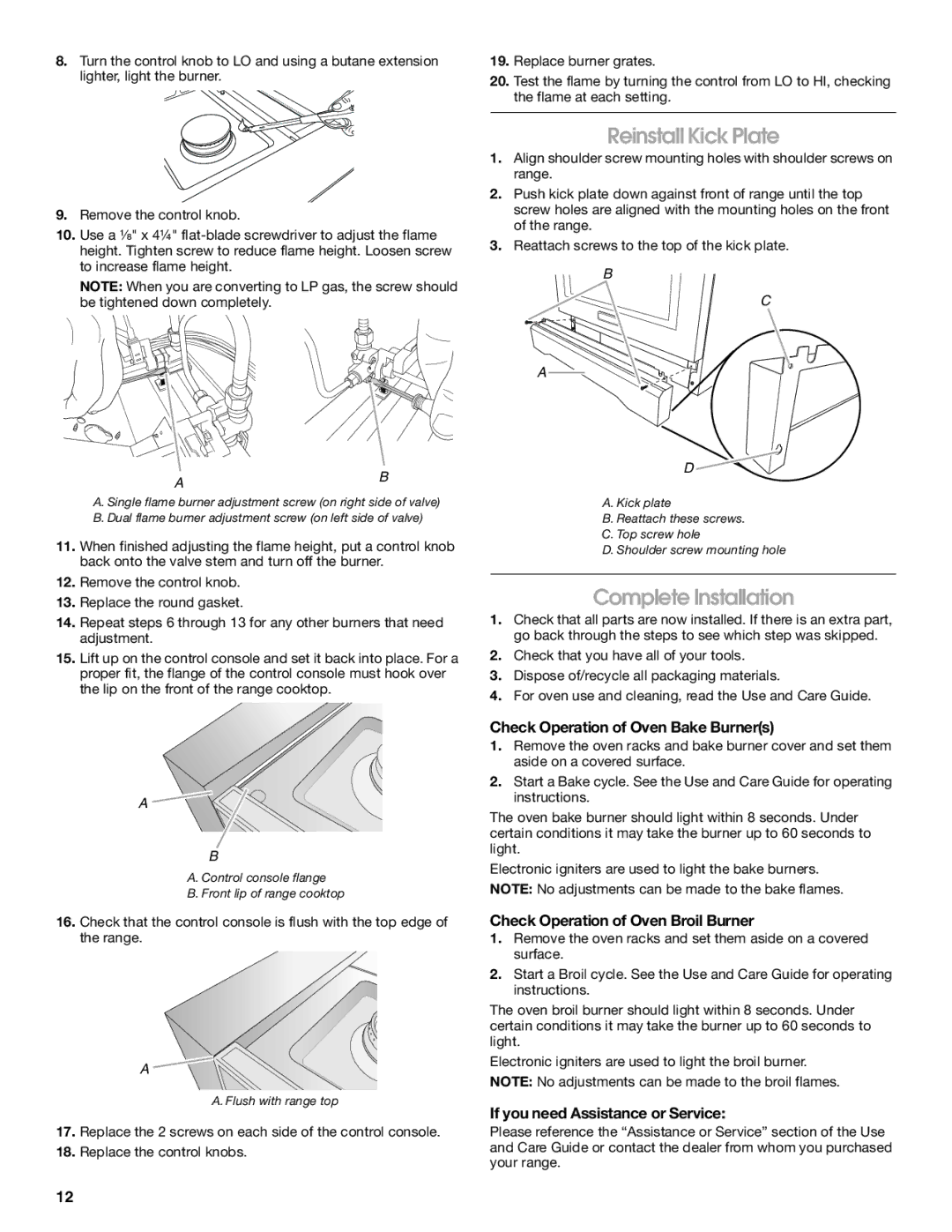 Jenn-Air W10323791 Reinstall Kick Plate, Complete Installation, Check Operation of Oven Bake Burners 