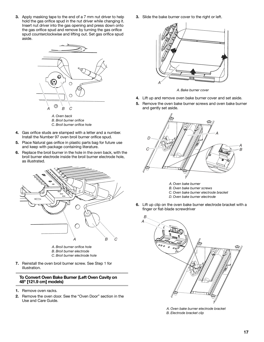 Jenn-Air W10323791 installation instructions Ab C, Oven back Broil burner orifice Broil burner orifice hole 