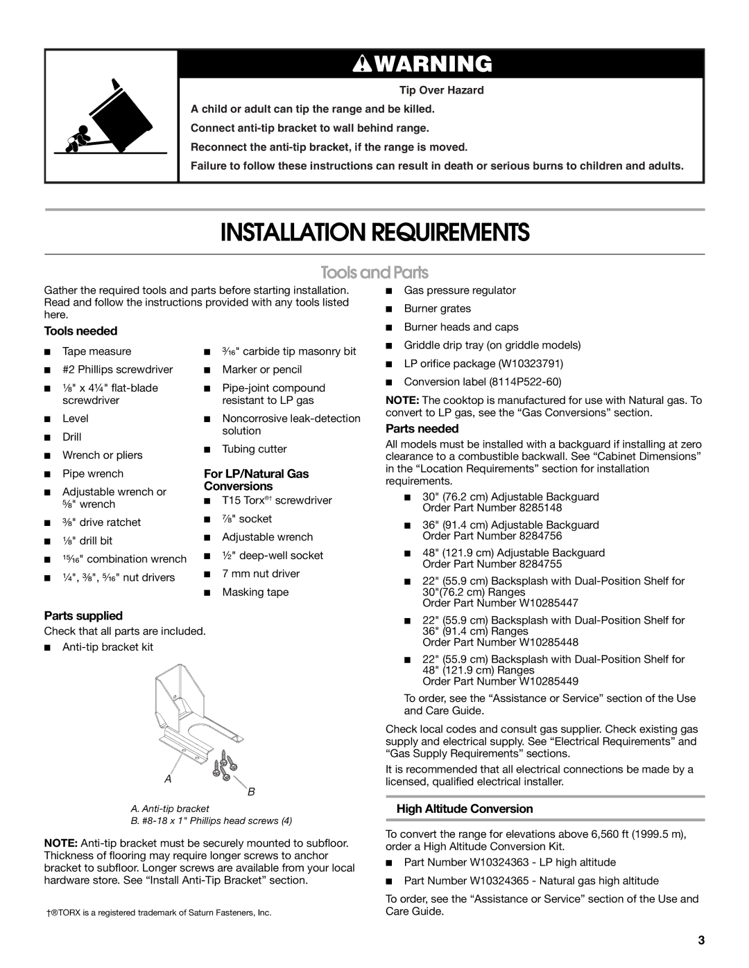 Jenn-Air W10323791 installation instructions Installation Requirements, Tools and Parts 