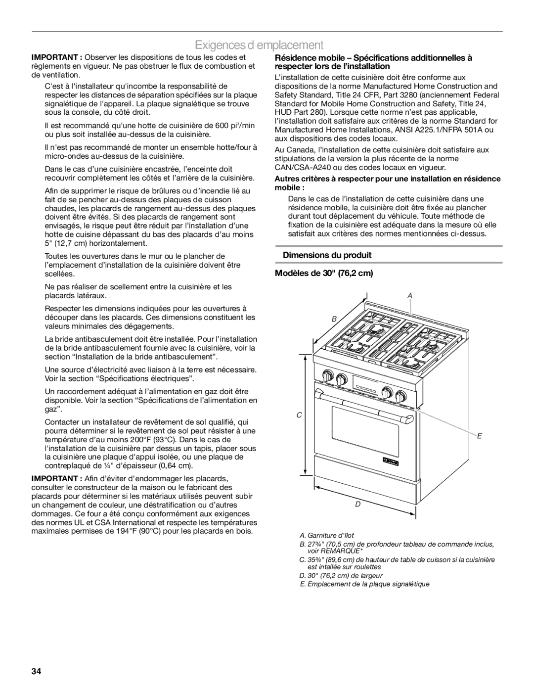 Jenn-Air W10323791 installation instructions Exigences d’emplacement, Dimensions du produit Modèles de 30 76,2 cm 