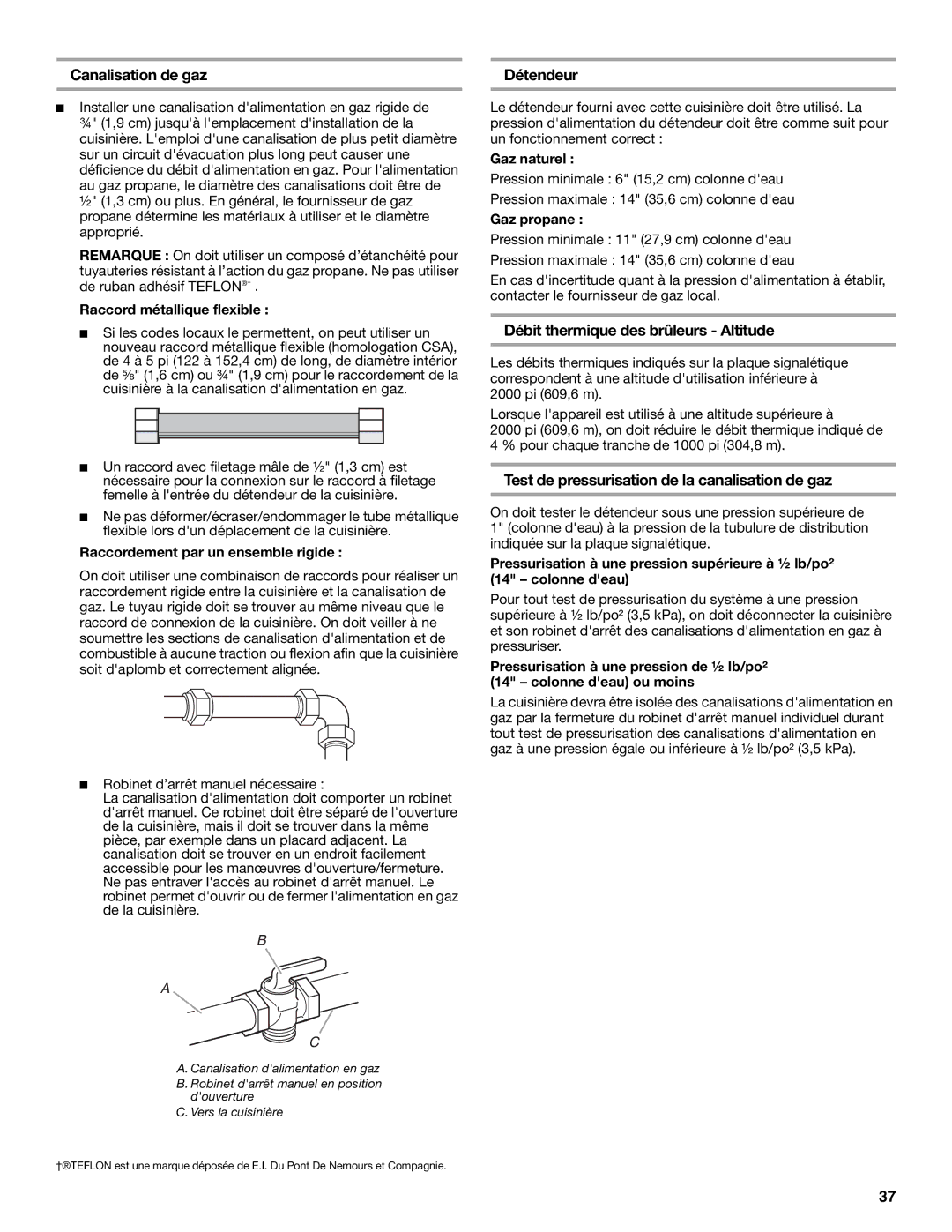 Jenn-Air W10323791 installation instructions Canalisation de gaz, Détendeur, Débit thermique des brûleurs Altitude 