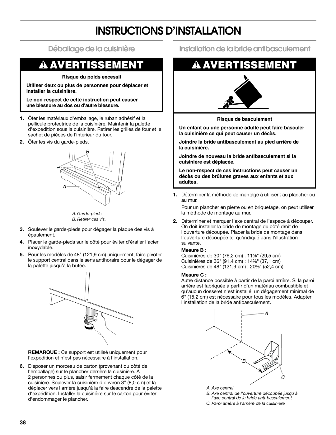 Jenn-Air W10323791 Instructions D’INSTALLATION, Déballage de la cuisinière, Installation de la bride antibasculement 