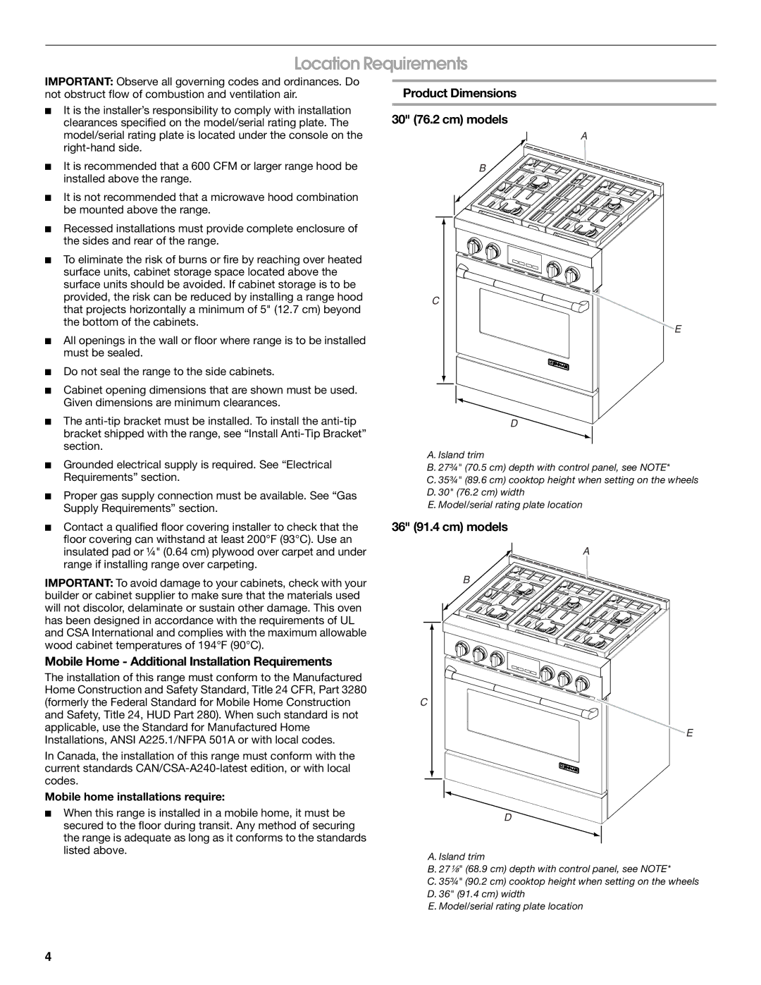 Jenn-Air W10323791 Location Requirements, Mobile Home Additional Installation Requirements, 36 91.4 cm models 