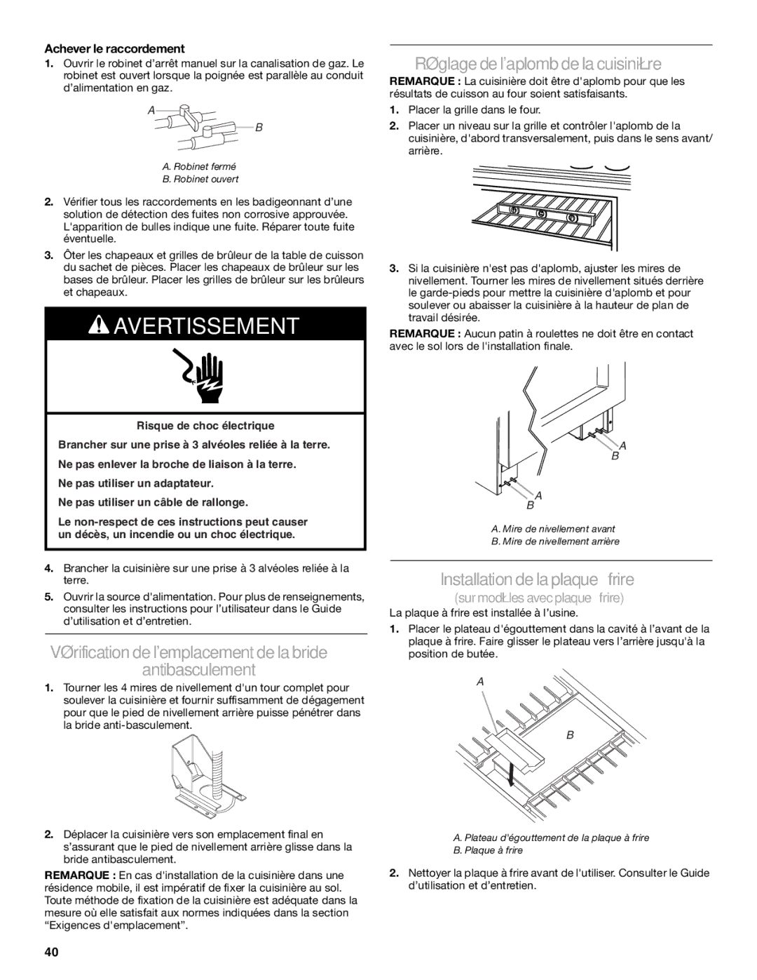 Jenn-Air W10323791 Vérification de lemplacement de la bride Antibasculement, Réglage de laplomb de la cuisinière 