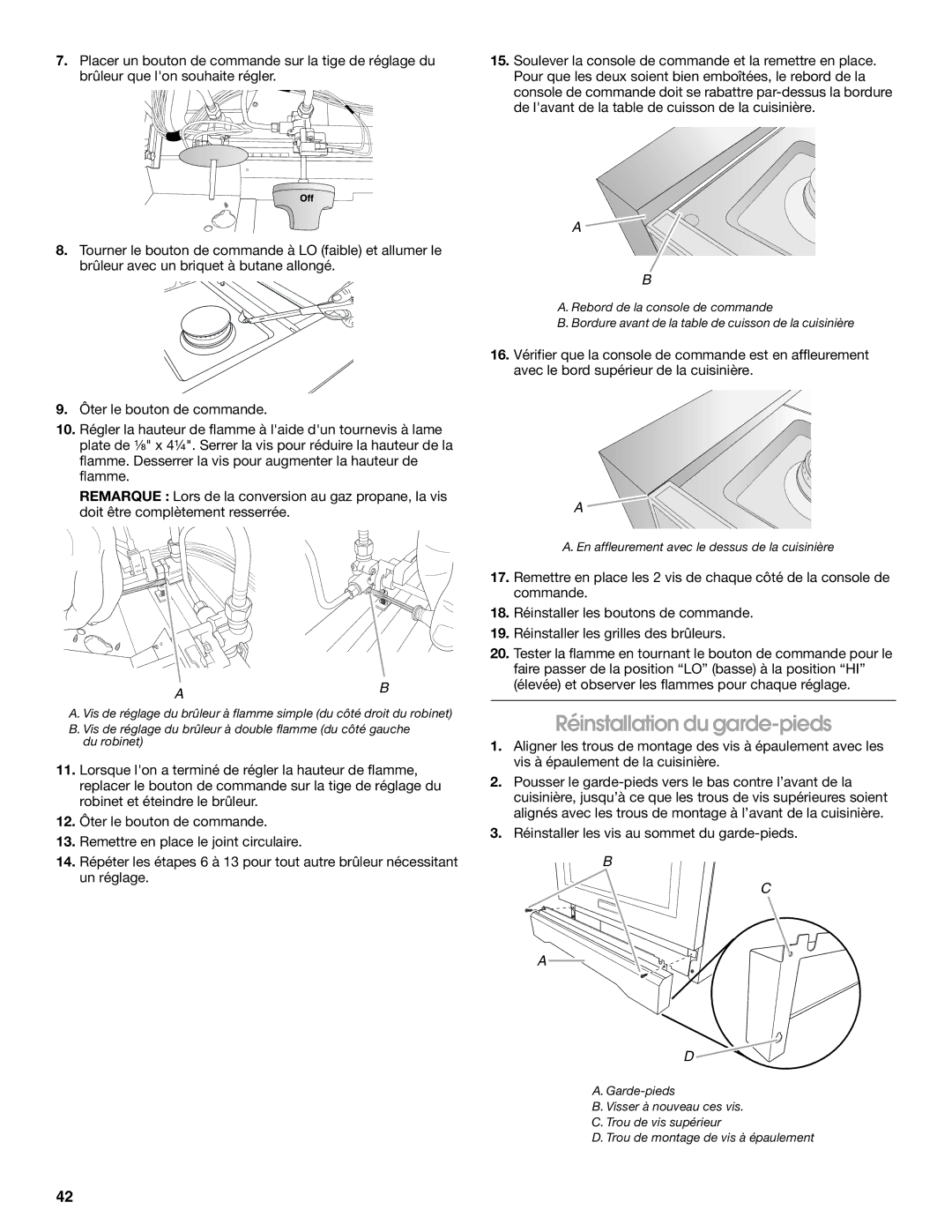 Jenn-Air W10323791 installation instructions Réinstallation du garde-pieds, En affleurement avec le dessus de la cuisinière 