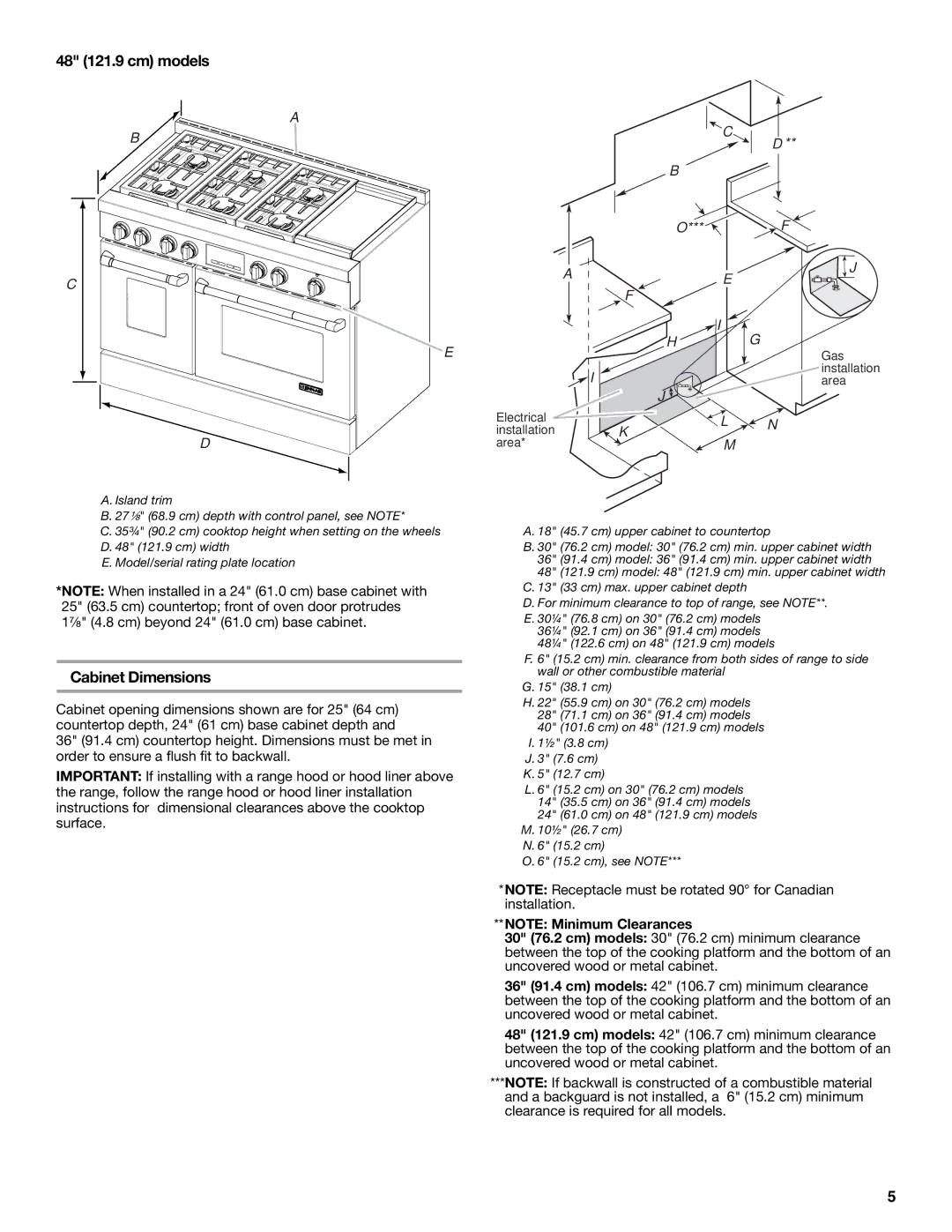 Jenn-Air W10323791 installation instructions 48 121.9 cm models, Cabinet Dimensions, 18 45.7 cm upper cabinet to countertop 