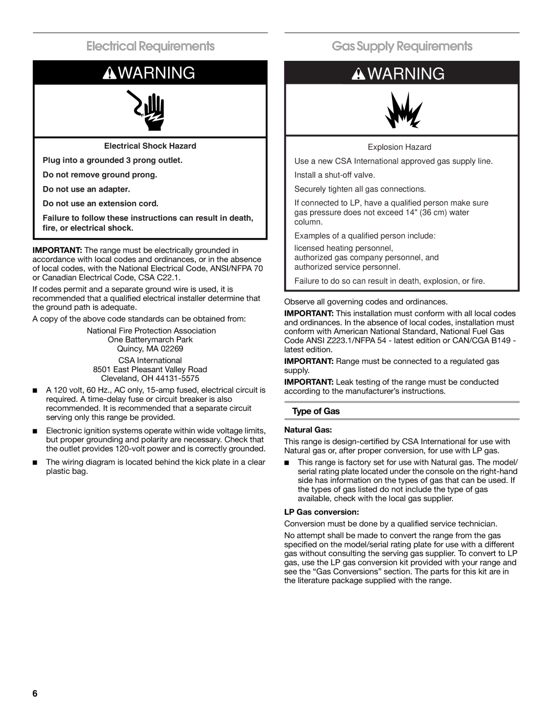 Jenn-Air W10323791 Electrical Requirements, Gas Supply Requirements, Type of Gas, Natural Gas, LP Gas conversion 