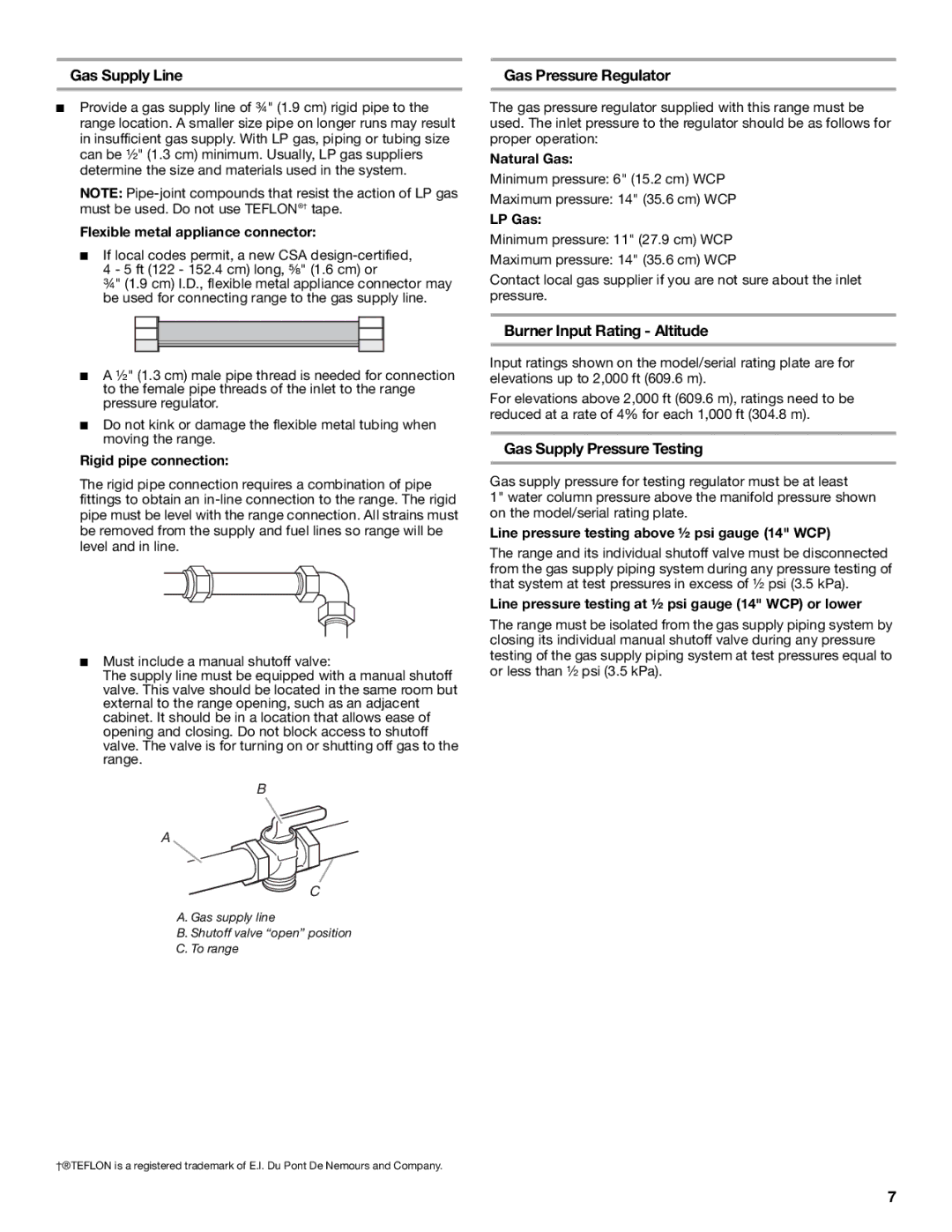 Jenn-Air W10323791 Gas Supply Line, Gas Pressure Regulator, Burner Input Rating Altitude, Gas Supply Pressure Testing 