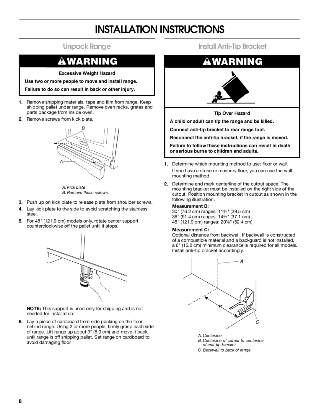 Jenn-Air W10323791 Installation Instructions, Unpack Range, Install Anti-Tip Bracket, Measurement B, Measurement C 