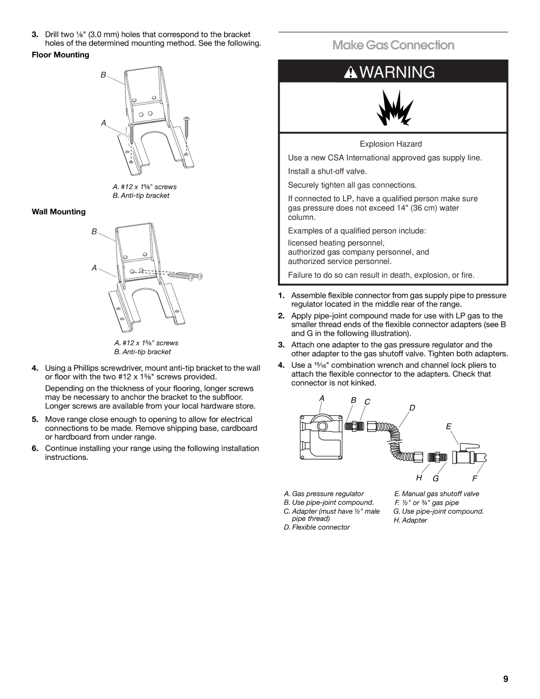 Jenn-Air W10323791 Make Gas Connection, Floor Mounting, Wall Mounting, #12 x 1⁵⁄₈ screws Anti-tip bracket 