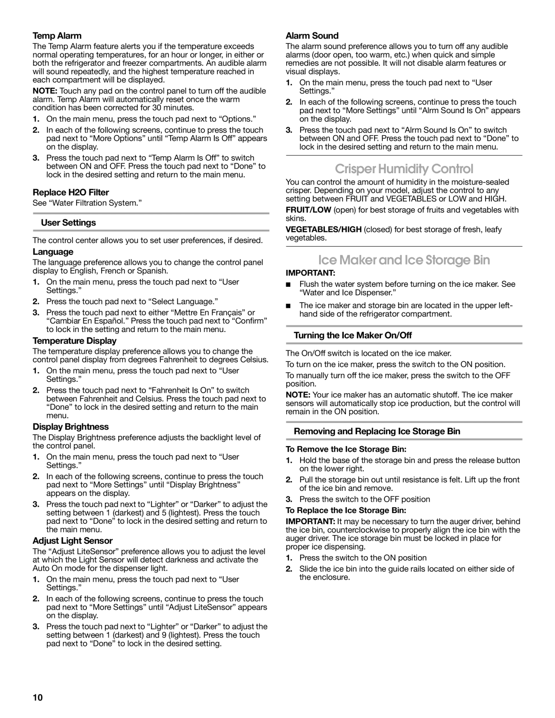 Jenn-Air W10329370A installation instructions Crisper Humidity Control, Ice Maker and Ice Storage Bin 