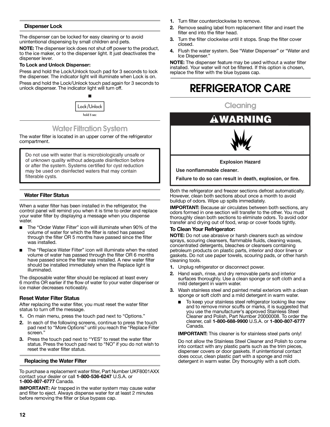 Jenn-Air W10329370A installation instructions Refrigerator Care, Water Filtration System, Cleaning 