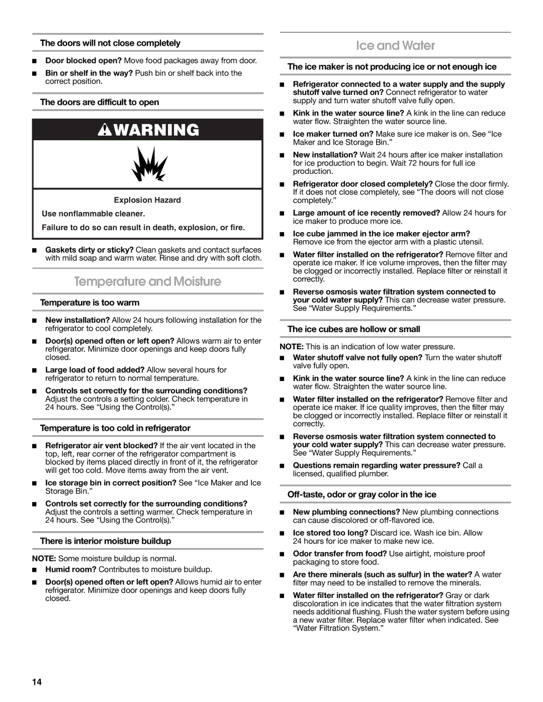 Jenn-Air W10329370A installation instructions Temperature and Moisture, Ice and Water 