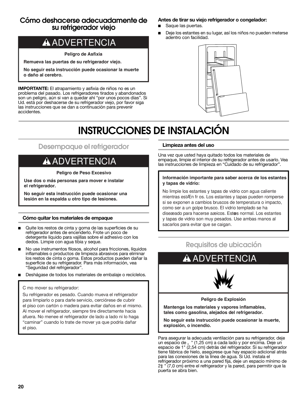 Jenn-Air W10329370A Instrucciones DE Instalación, Desempaque el refrigerador, Requisitos de ubicación 