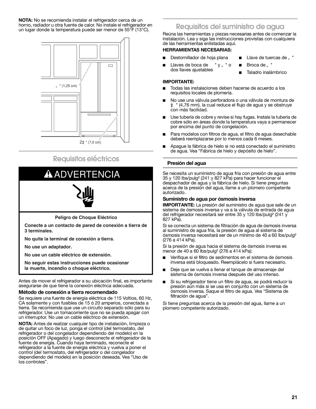 Jenn-Air W10329370A Requisitos eléctricos, Requisitos del suministro de agua, Método de conexión a tierra recomendado 