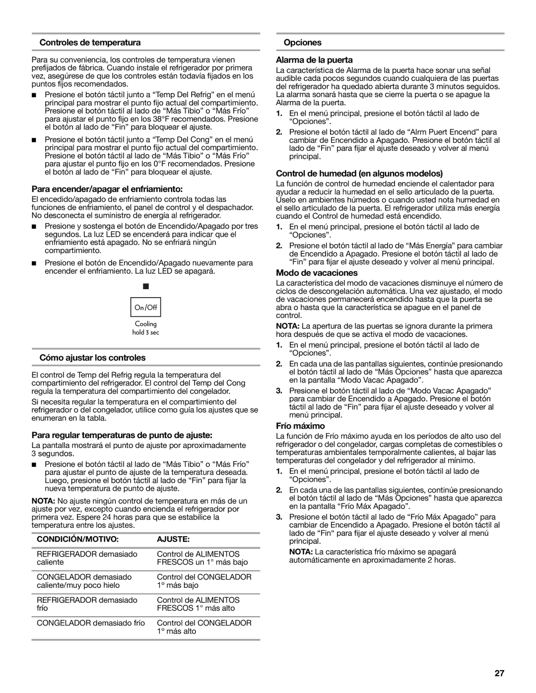 Jenn-Air W10329370A Controles de temperatura, Para encender/apagar el enfriamiento, Cómo ajustar los controles 