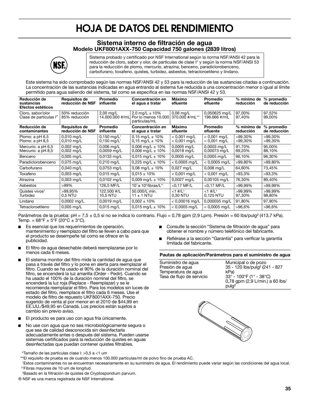 Jenn-Air W10329370A Hoja DE Datos DEL Rendimiento, Pautas de aplicación/Parámetros para el suministro de agua 