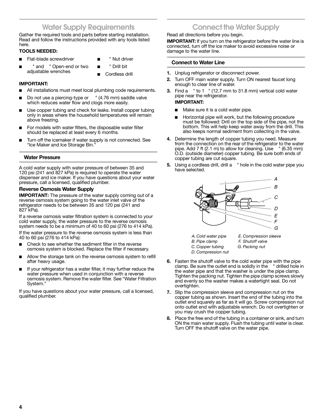 Jenn-Air W10329370A Water Supply Requirements, Connect the Water Supply, Water Pressure, Reverse Osmosis Water Supply 