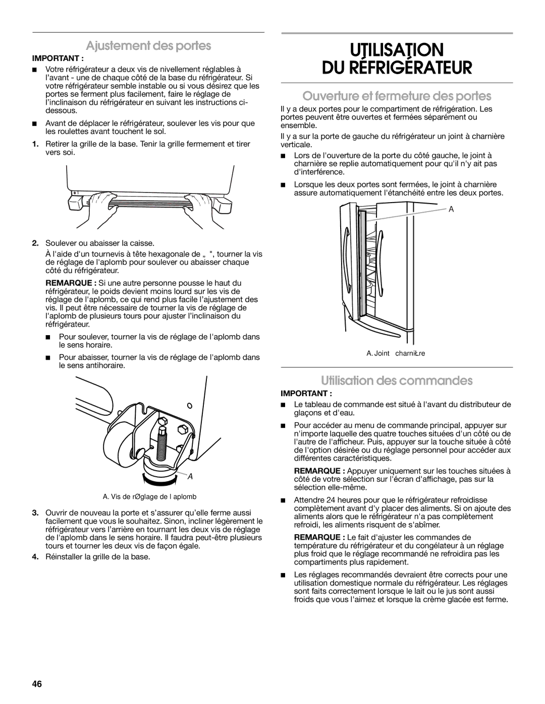 Jenn-Air W10329370A Utilisation DU Réfrigérateur, Ajustement des portes, Ouverture et fermeture des portes 