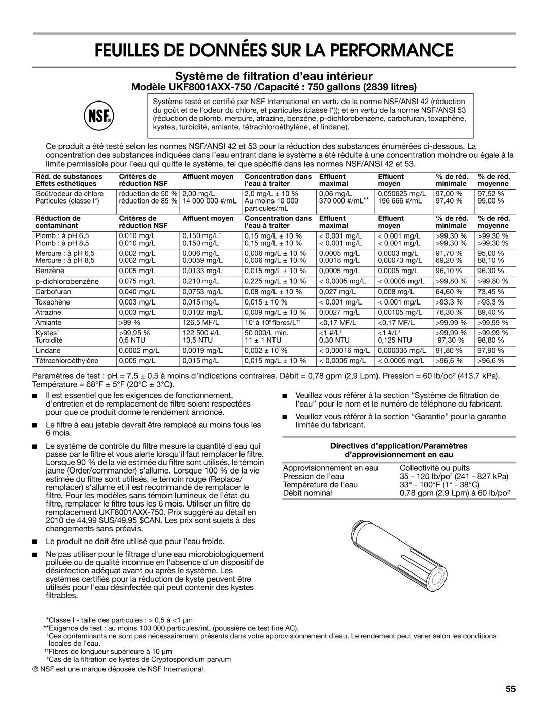 Jenn-Air W10329370A installation instructions Feuilles DE Données SUR LA Performance, Système de filtration d’eau intérieur 